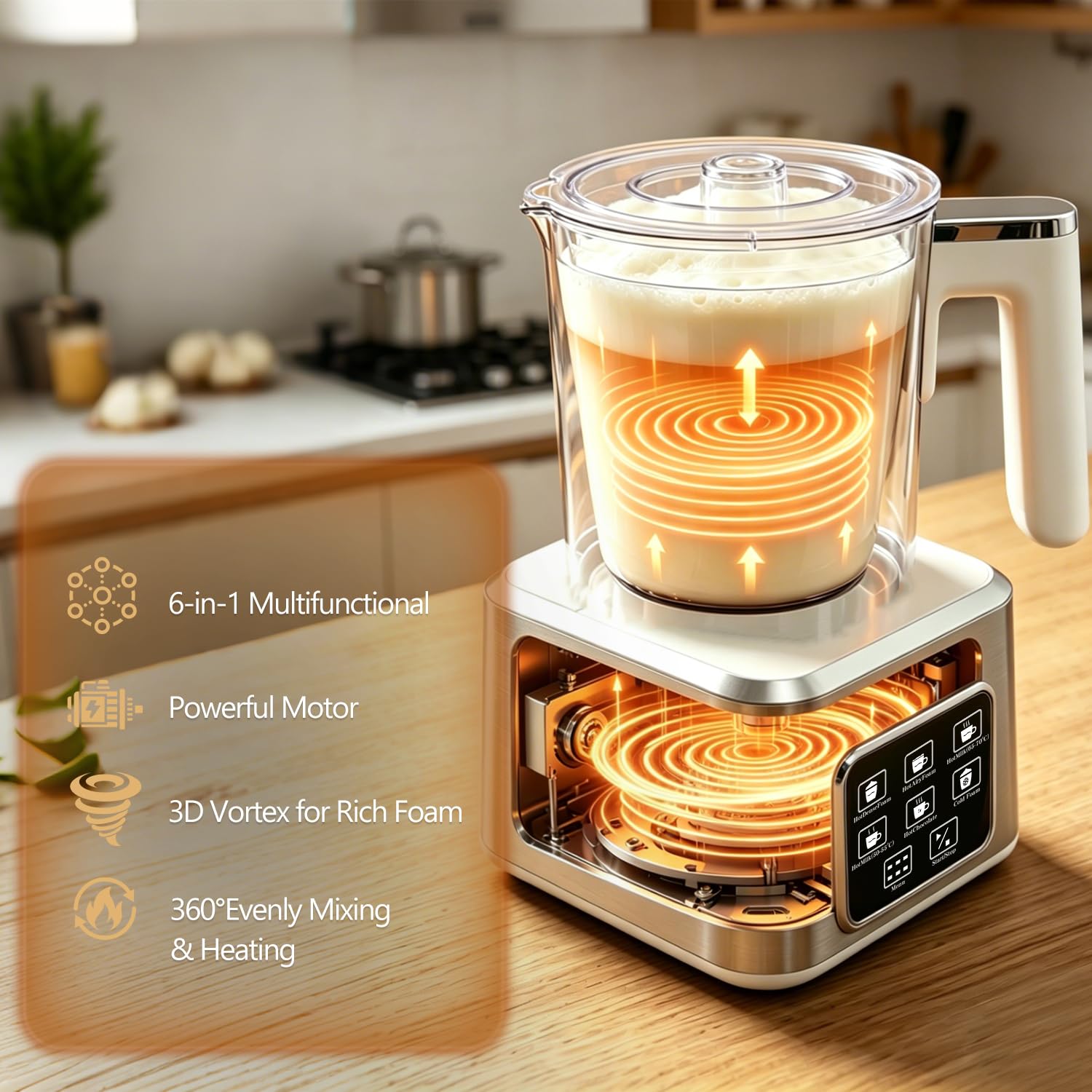 Espumador y vaporizador eléctrico 6 en 1, espumador y calentador de leche eléctrico de gran capacidad y desmontable, máquina automática de espuma fría y caliente, con jarra de acero inoxidable, 16.9