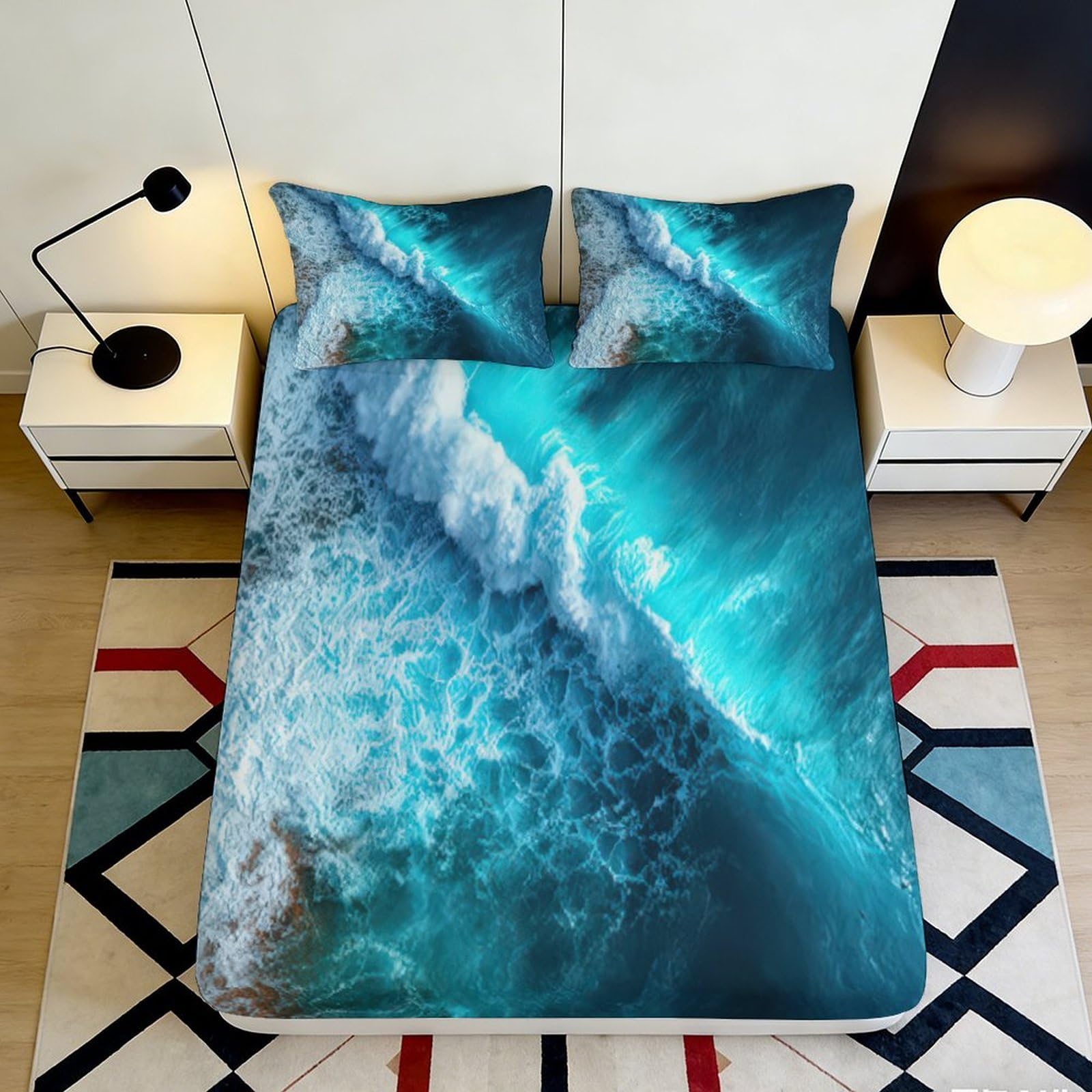 3D Printed Ocean Wave Fitted Sheet Microfiber Deep Pocket Bedroom Non-Slip Sea Mattress Fitted Cover for All Ages 140x200x25cm