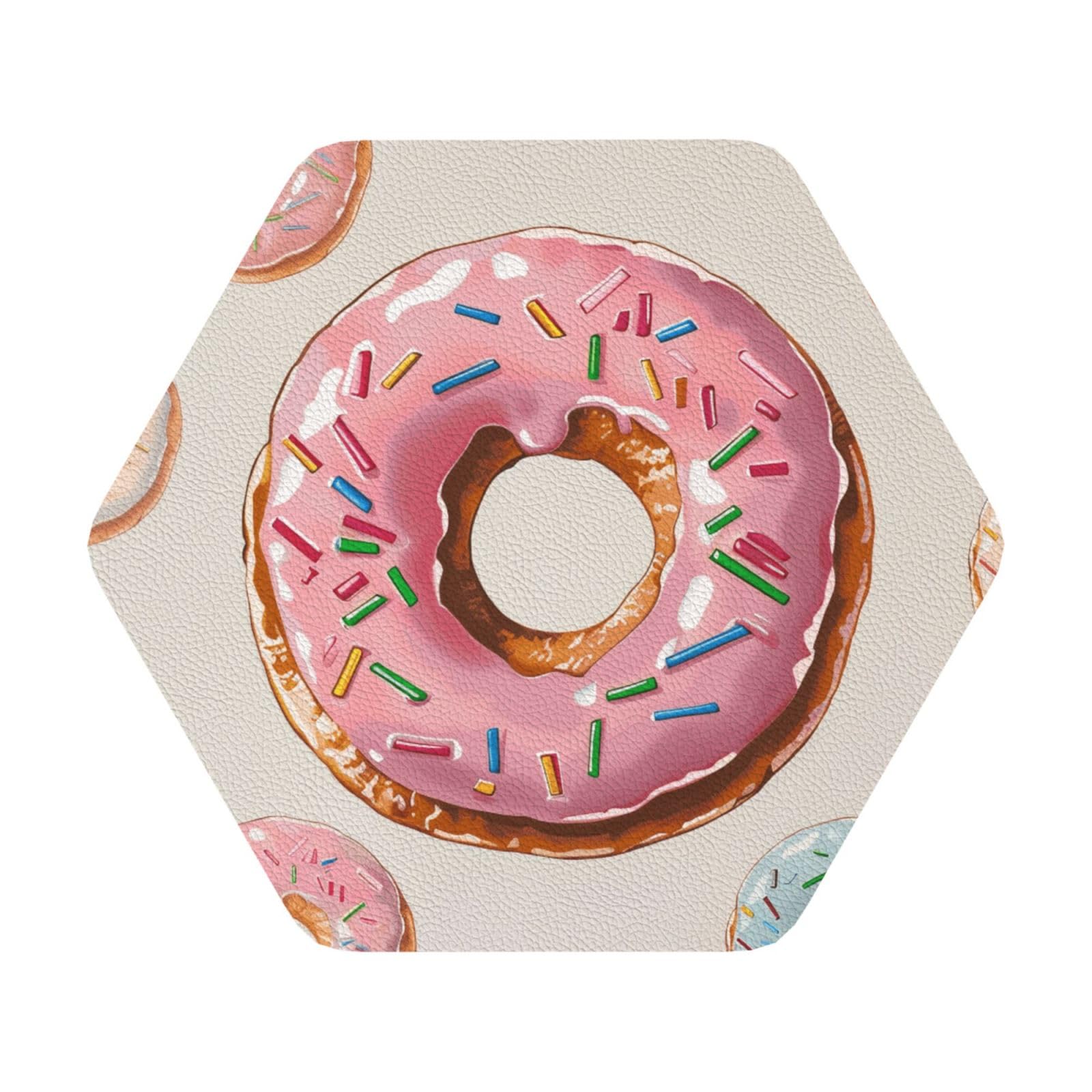 Donut Print Leather Coaster Set of 6, Hexagon Coasters Table Decorative Coffee Cup Beverage Coasters Wine Beer Bar Coasters for Hot Drinks Table Protection