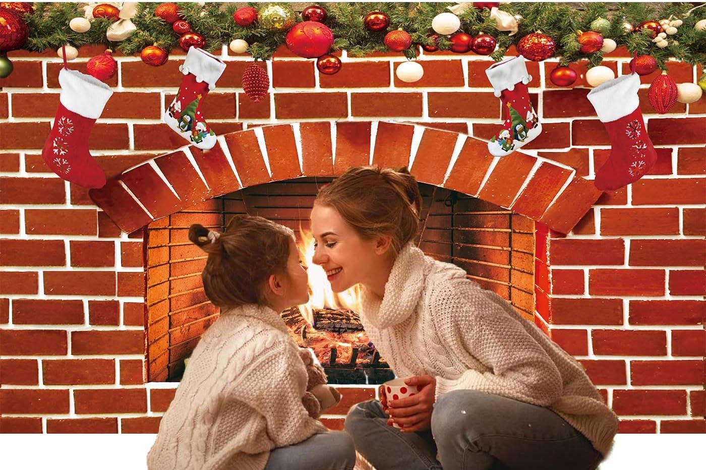 5.9x3.6ft Christmas Fireplace Backdrop for Photography Red Brick Wall Fireplace Christmas Sock Gift Background for Xmas Family Party Supplies Photo Props - Image 2