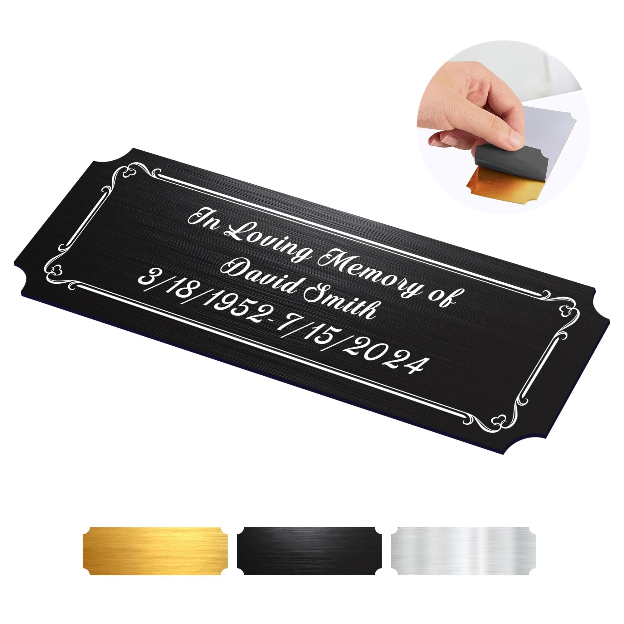 EDSG Personalised Memorial Plaque - Black, Metal, 3x1 in, Classic Style with Adhesive Mount