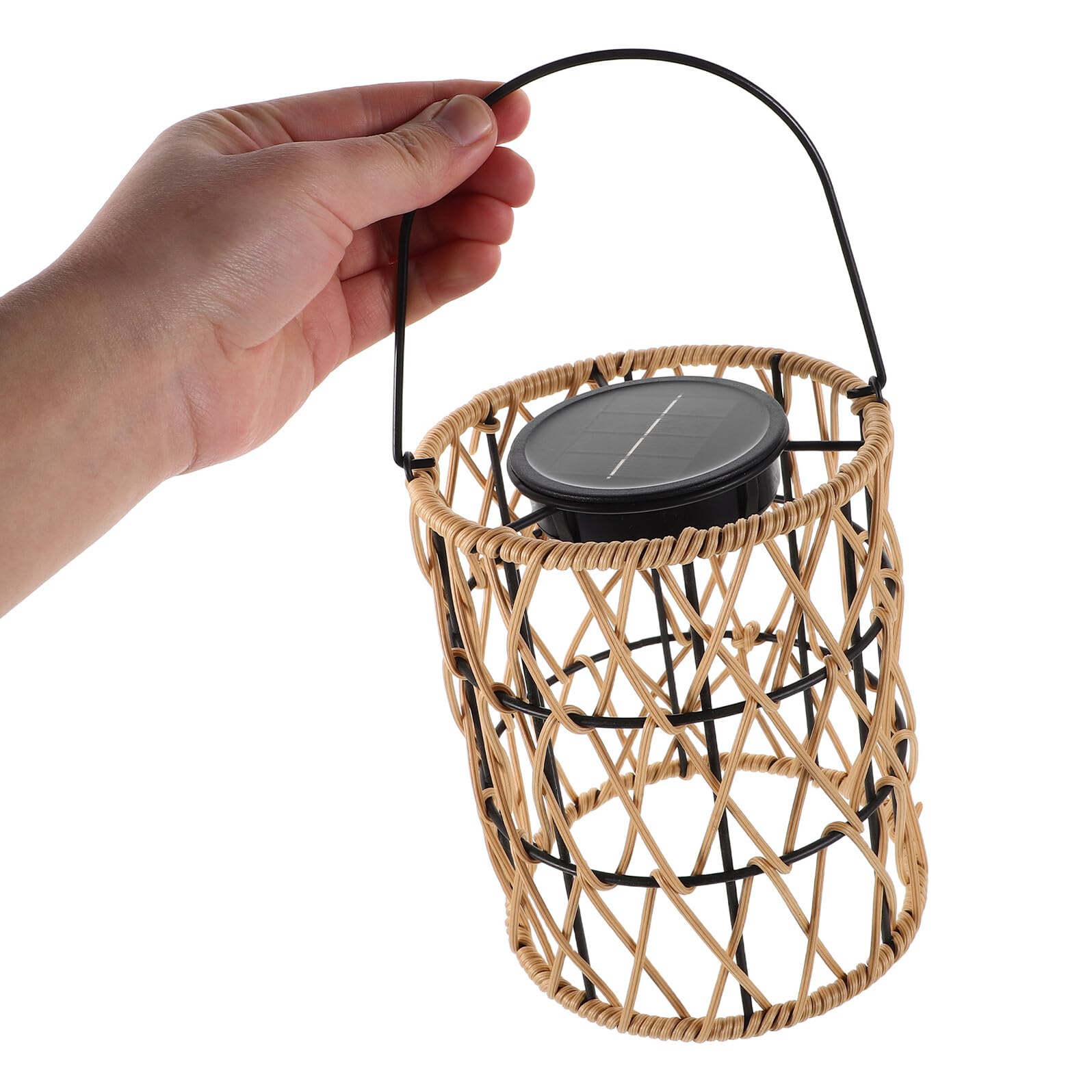 Lanterna Solare da Esterno in Ferro e Rattan Nero Manico