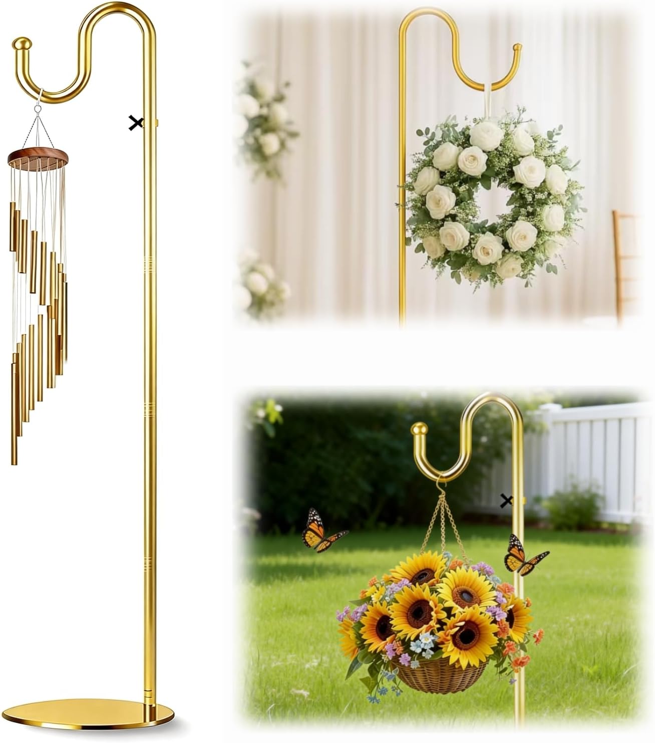 76" Shepherds Hook for Bird Feeder, Outdoor Plant Stand with Weighted Base, Adjustable Wind Chime Hanger for Hanging Plants Patio Lawn Garden