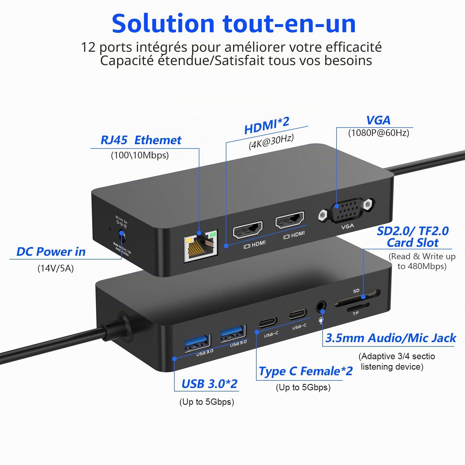 Station d'accueil Microsoft Surface Dock triple écran, double HDMI et VGA, avec adaptateur secteur,12 en 1 pour Microsoft Surface Pro 11/10/9/8/X/7/6/5/4/3,Surface Laptop 7/6/5/4/3/2/1,Surface Book Go