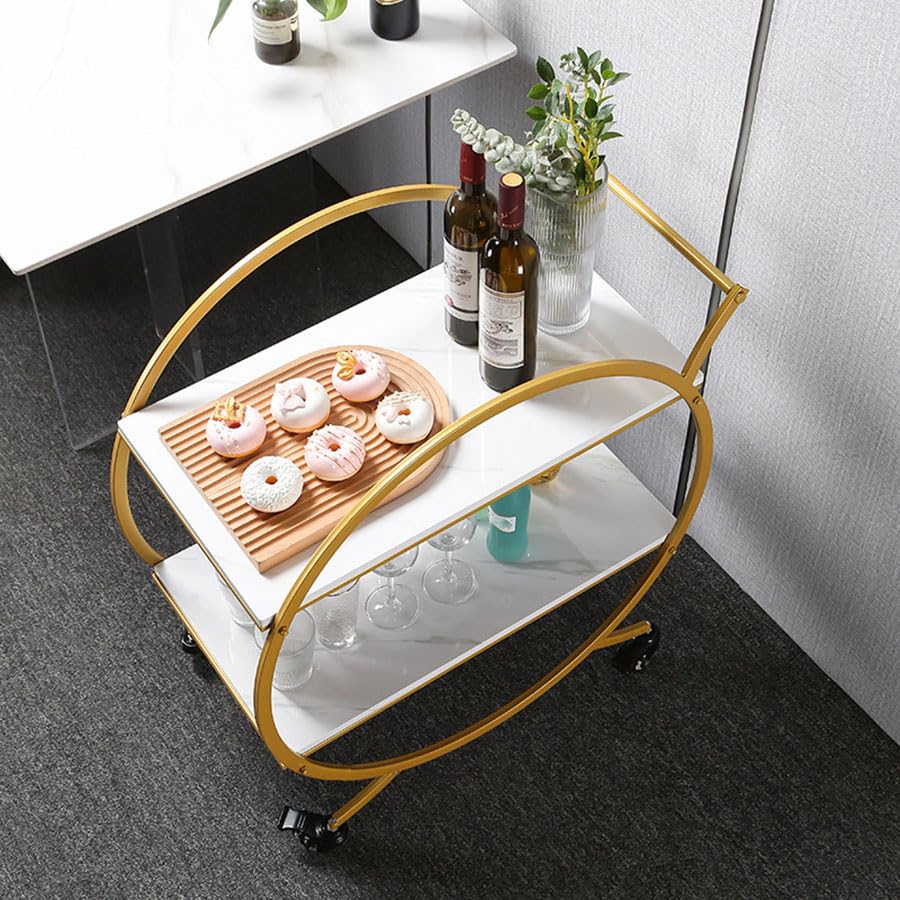 Mini carrello da bar in metallo a 2 livelli, carrello moderno per bevande, mensola da cucina moderna in oro, carrello da bar rotondo moderno in oro, carrello da bar rotondo in oro con ruote, per