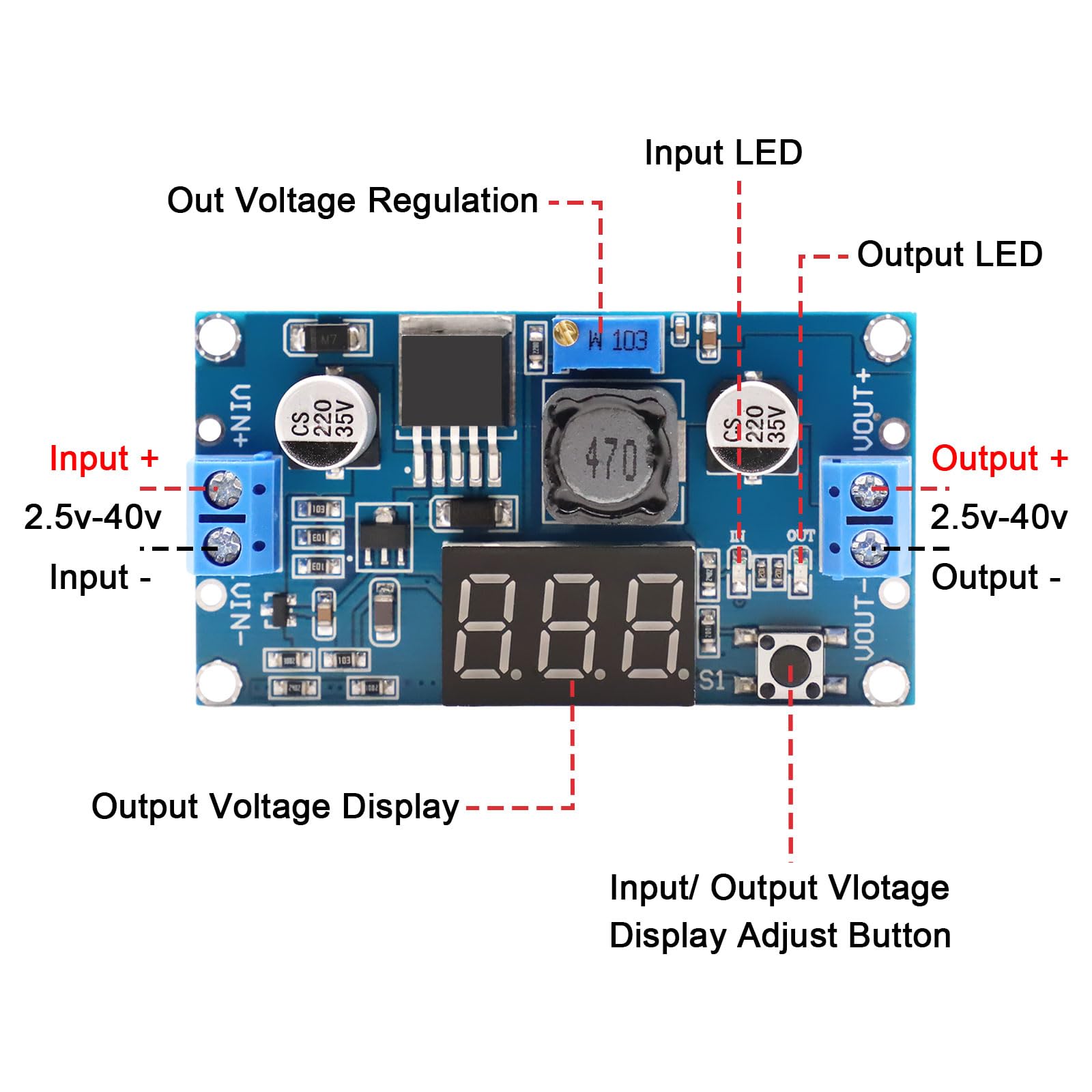 2PCS moduli convertitori step down, convertitore buck DC-DC da 4-40 V a 3,3-24 V con display digitale a 3 cifre, modulo step down di alimentazione