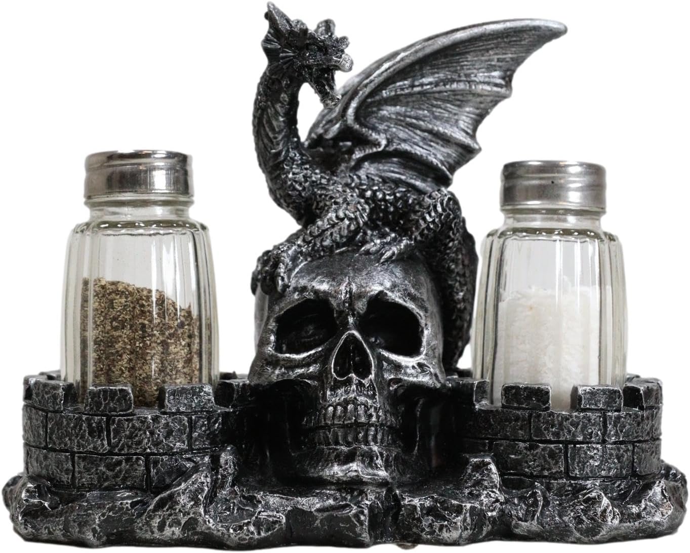 Ebros Gift Magic Spice Gothic Medieval Roaring Dragon Perching On Oversized Skull By Castle Towers Salt And Pepper Shakers Holder Figurine Set Dungeons And Dragons Medieval Fantasy Kitchen Decor