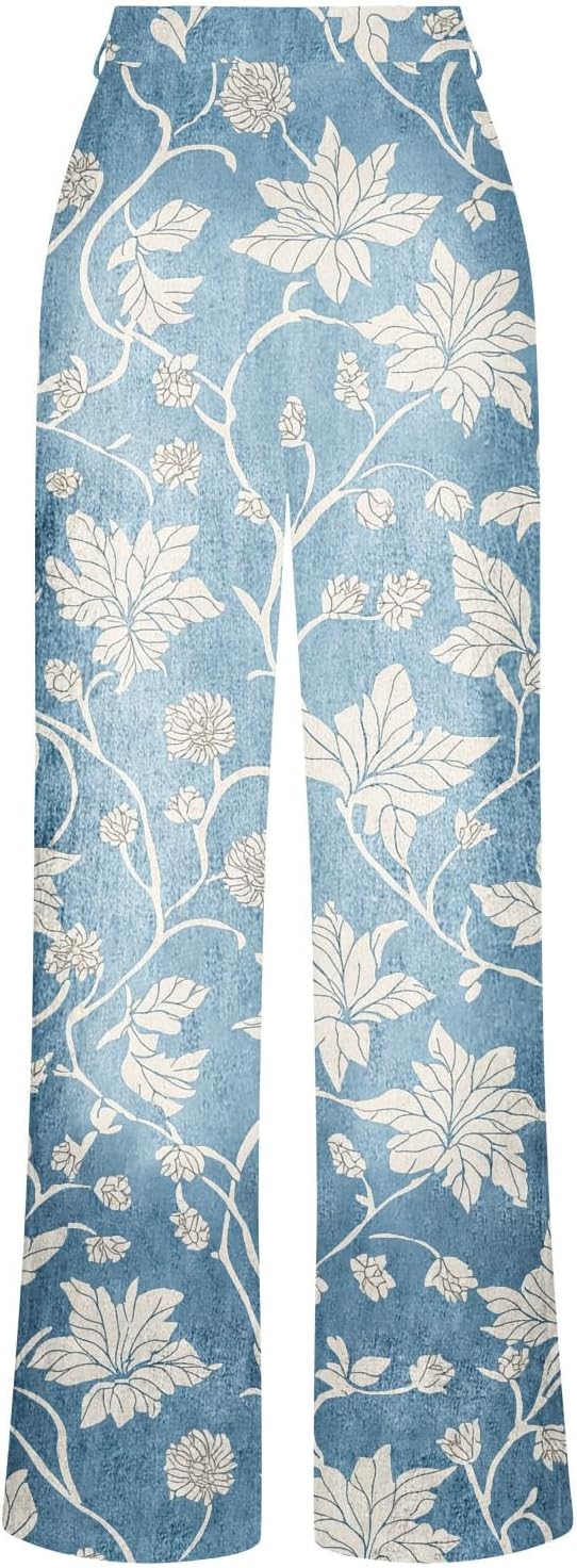 Womens Vintage Boho Floral Print Jeans - Mid Waisted Wide Leg Baggy Flare Pants Plus Size Slacks Trousers with Pockets - Image 4