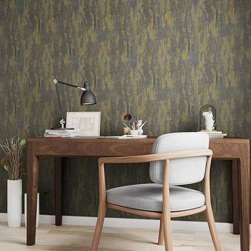 Miniatura 4 de Stickyart Papel tapiz de hormigón metálico dorado carbón extra grueso texturizado para baño, papel tapiz de hormigón despegar y pegar, papel tapiz