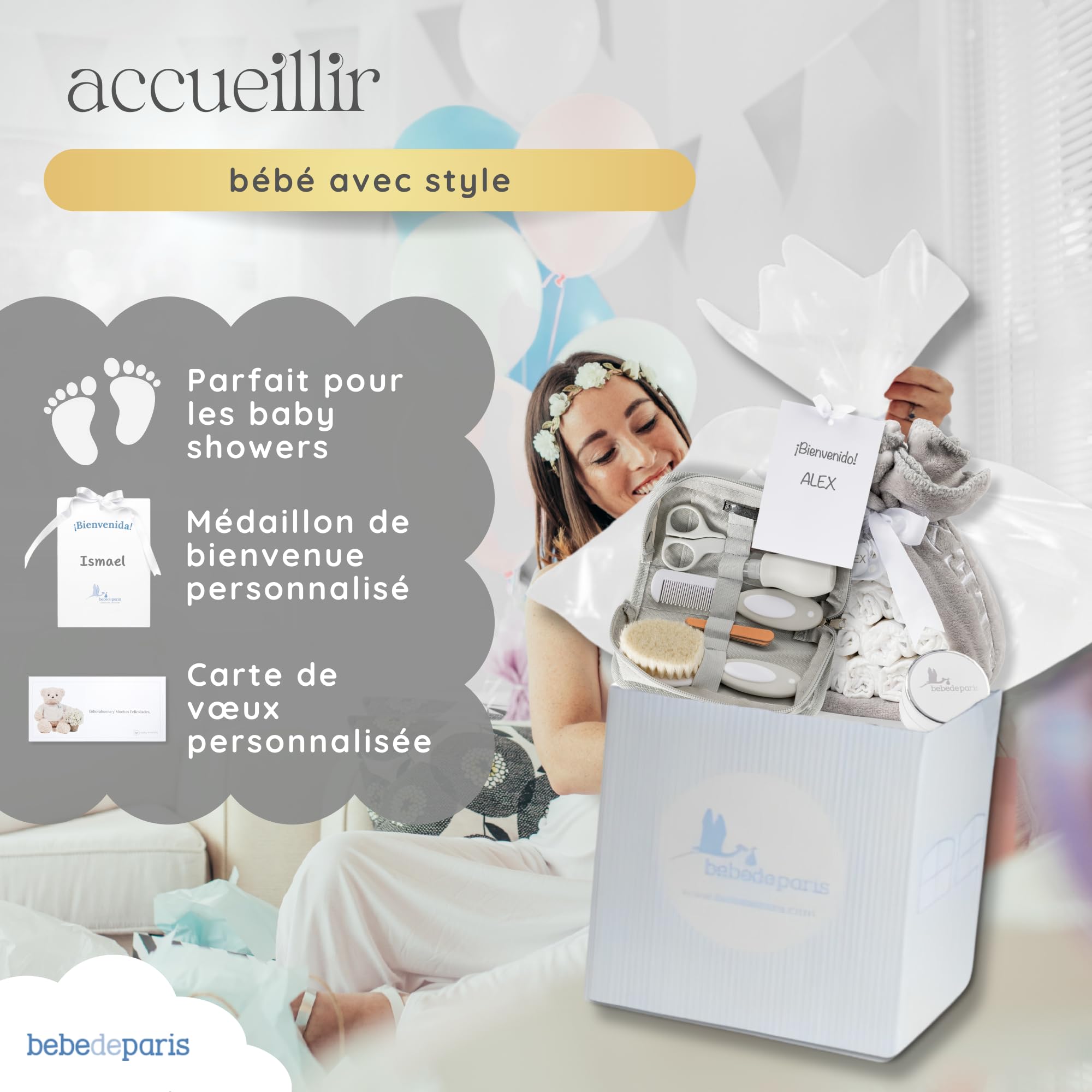 BebeDeParis Gâteau de Couches avec Kit de Toilette Bébé - Couverture Polaire Personnalisée + Tétine Personnalisée + 15 Couches Moltex - Cadeau de Naissance Neutre