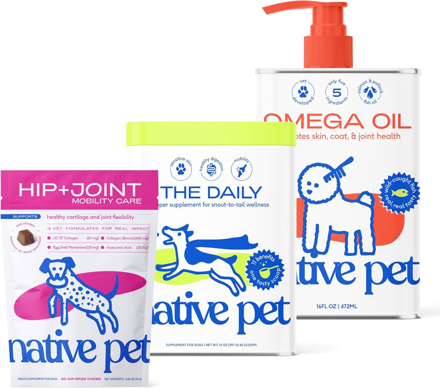 Native Pet Age Defense Energy Bundle Pack: Mobility Care Hip & Joint Supplement for Dogs, The Daily 11-in-1 Multivitamin Powder - 60 Count & Omega 3 Fish Oil for Dogs & Cats - 16 Oz