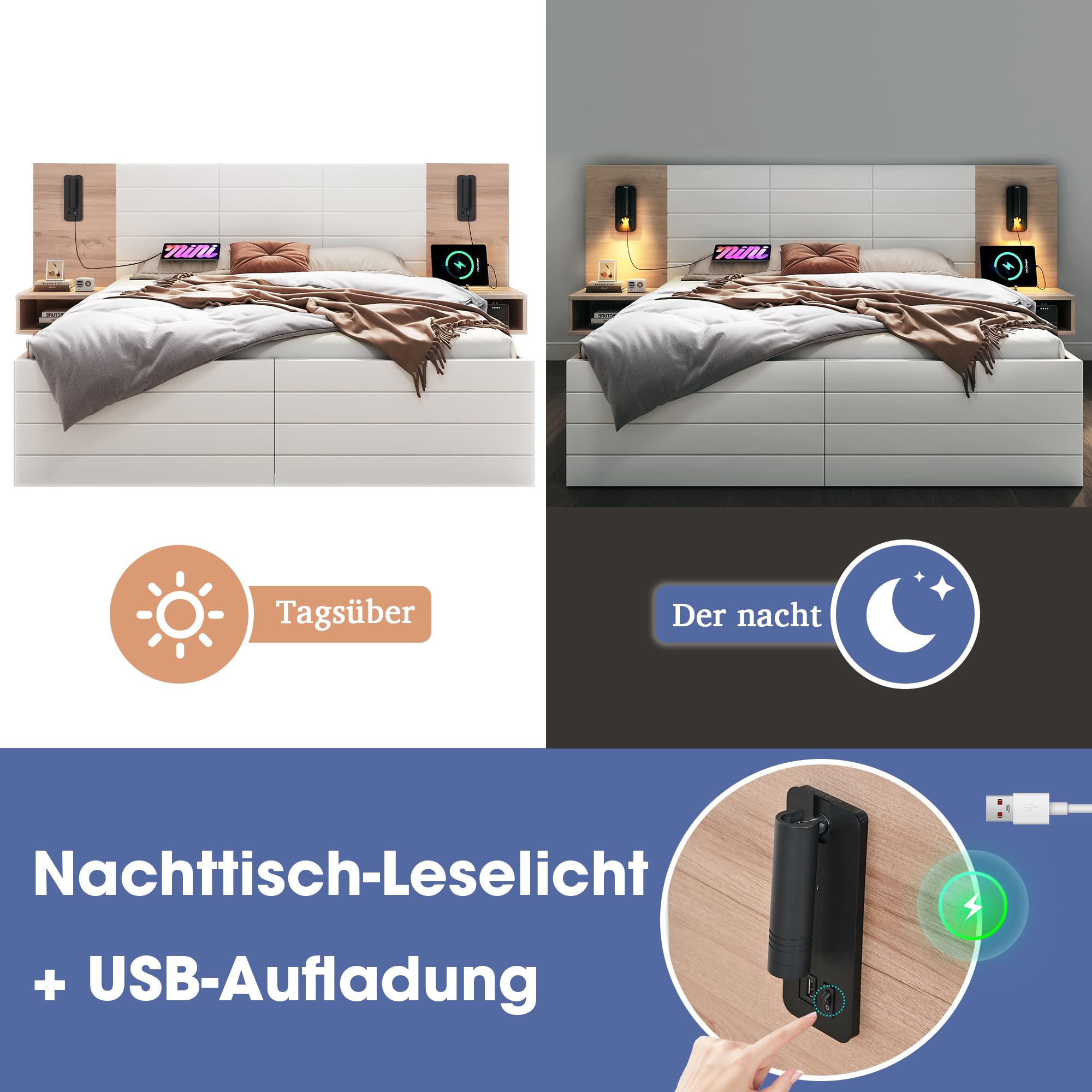 Lit double en bois, 160 x 200 cm, avec 2 tiroirs, lampe de tête de lit, lampe de lecture, avec fonction de charge USB, lit moderne, avec 2 commodes de chevet, cadre de lit et sommier à lattes, 235 x