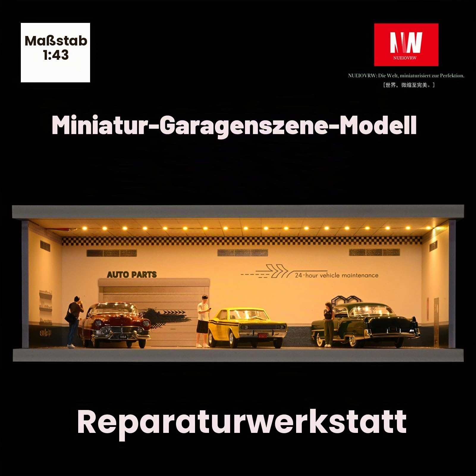 1:43 Diorama Garage Modell, Dreifarbige Beleuchtung Modellautos Vitrine