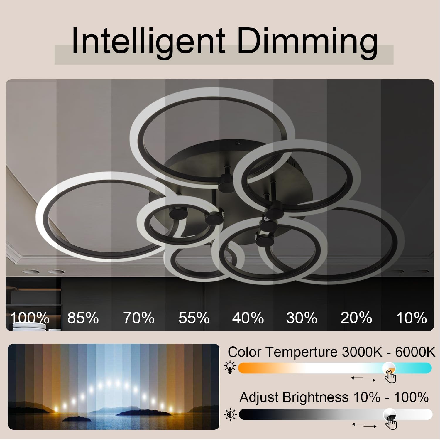 Black Mordern Ceiling Light Fixtures,Modern Led Ceiling Lights for Living Room Light Fixture Ceiling,Dimmable Close to Ceiling Light Fixtures Flush Mount 7 Rings Kitchen Light Fixture