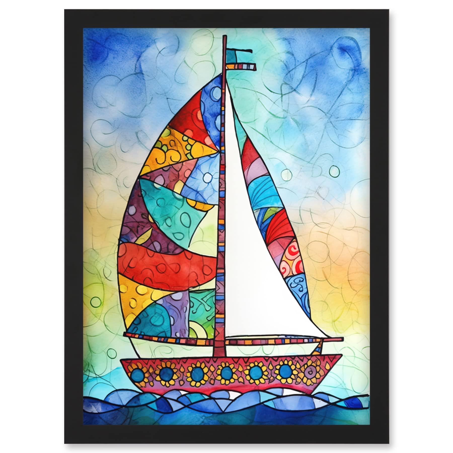 Sailboat Flower Pattern Folk Art Framed Wall Art Print A4 - Artery8