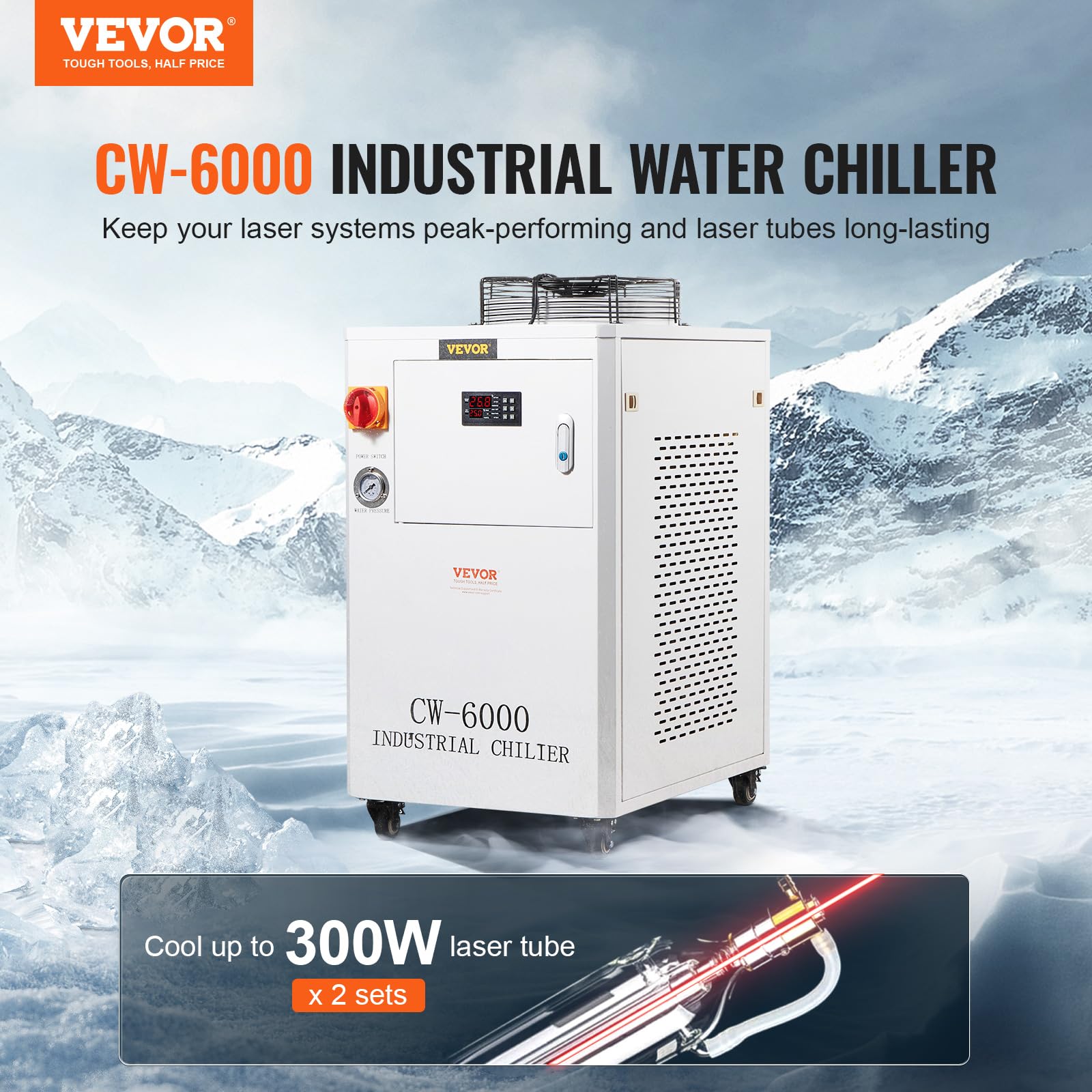 VEVOR Refrigeratore d'acqua industriale, CW-6000, sistema di raffreddamento 1500 W con compressore, capacità del serbatoio dell'acqua da 15 litri, portata di 65L/min, per macchina incisione laser