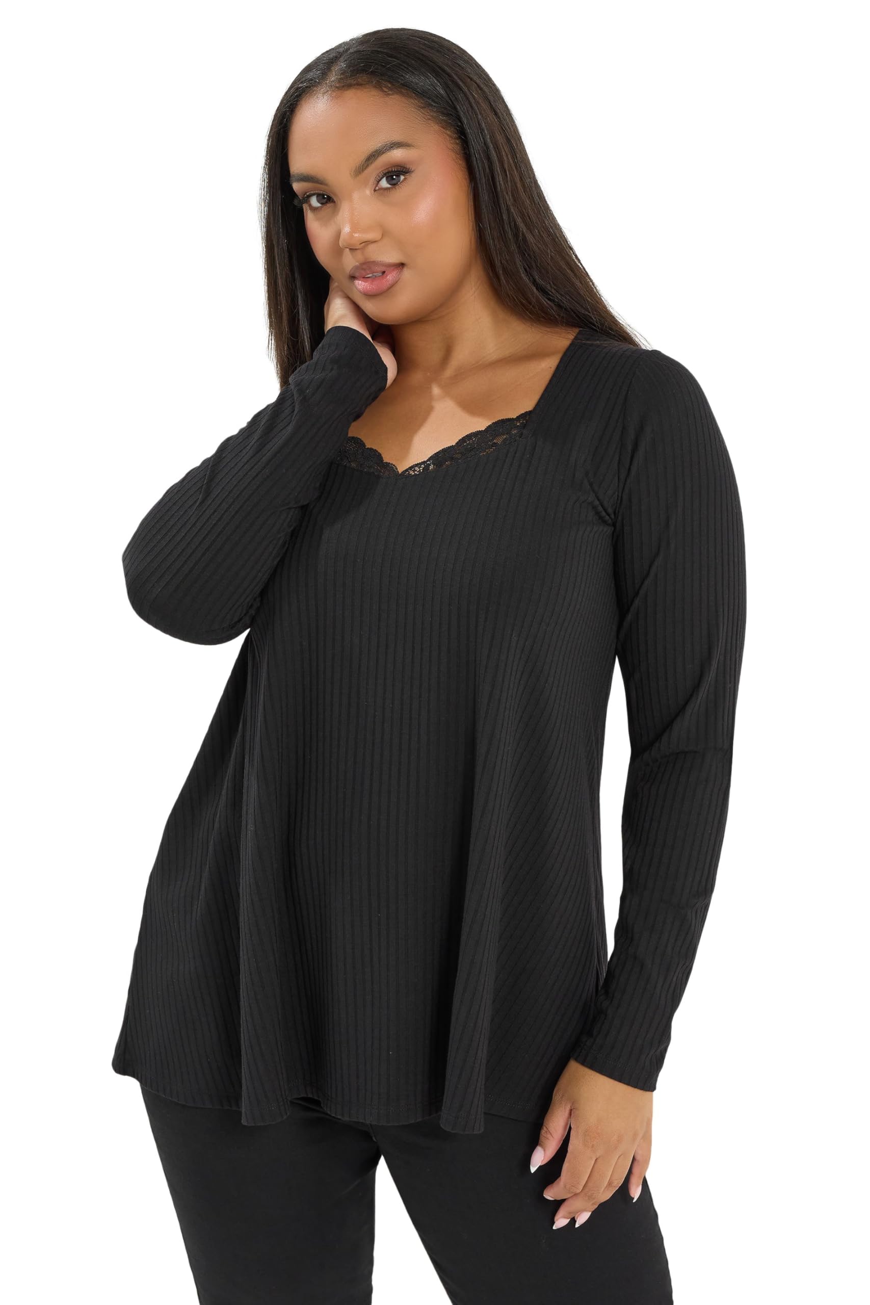 Yours Women's Lace Insert Ribbed Top in Black | Size: 20