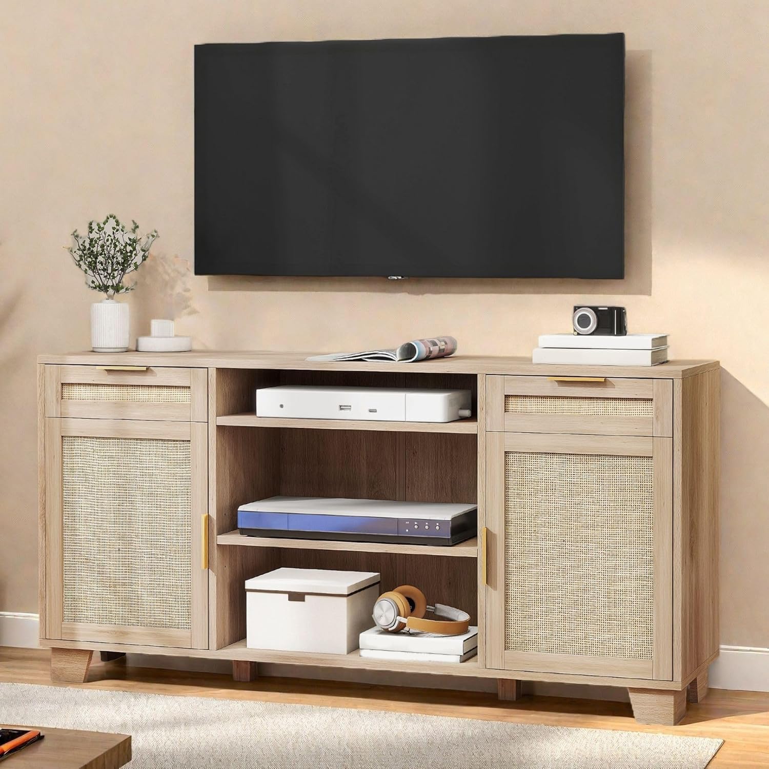 YITAHOME Rattan TV Stand for up to 65 Inch TVs, Boho Entertainment Center with Storage, TV Media Console with Drawers, Adjustable Shelves for Living Room (Natural Oak) 58" with 2 Drawers