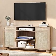 DWVO Rattan TV Stand for TVs up to 65 Inch, Entertainment Center with Rattan Door, Boho Media Console with Adjustable Shelf, 1 Solid Wood Feet, TV Stands for Living Room