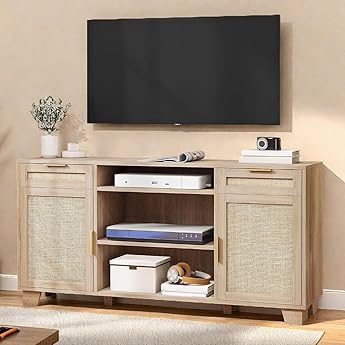DWVO Rattan TV Stand for TVs up to 65 Inch, Entertainment Center with Rattan Door, Boho Media Console with Adjustable Shelf, 1 Solid Wood Feet, TV Stands for Living Room