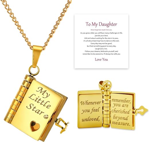 Book Necklace for My Daughter Gifts from Mom Dad My Little Star Book Necklace with 6 Pages Engraved Information a Letter D...