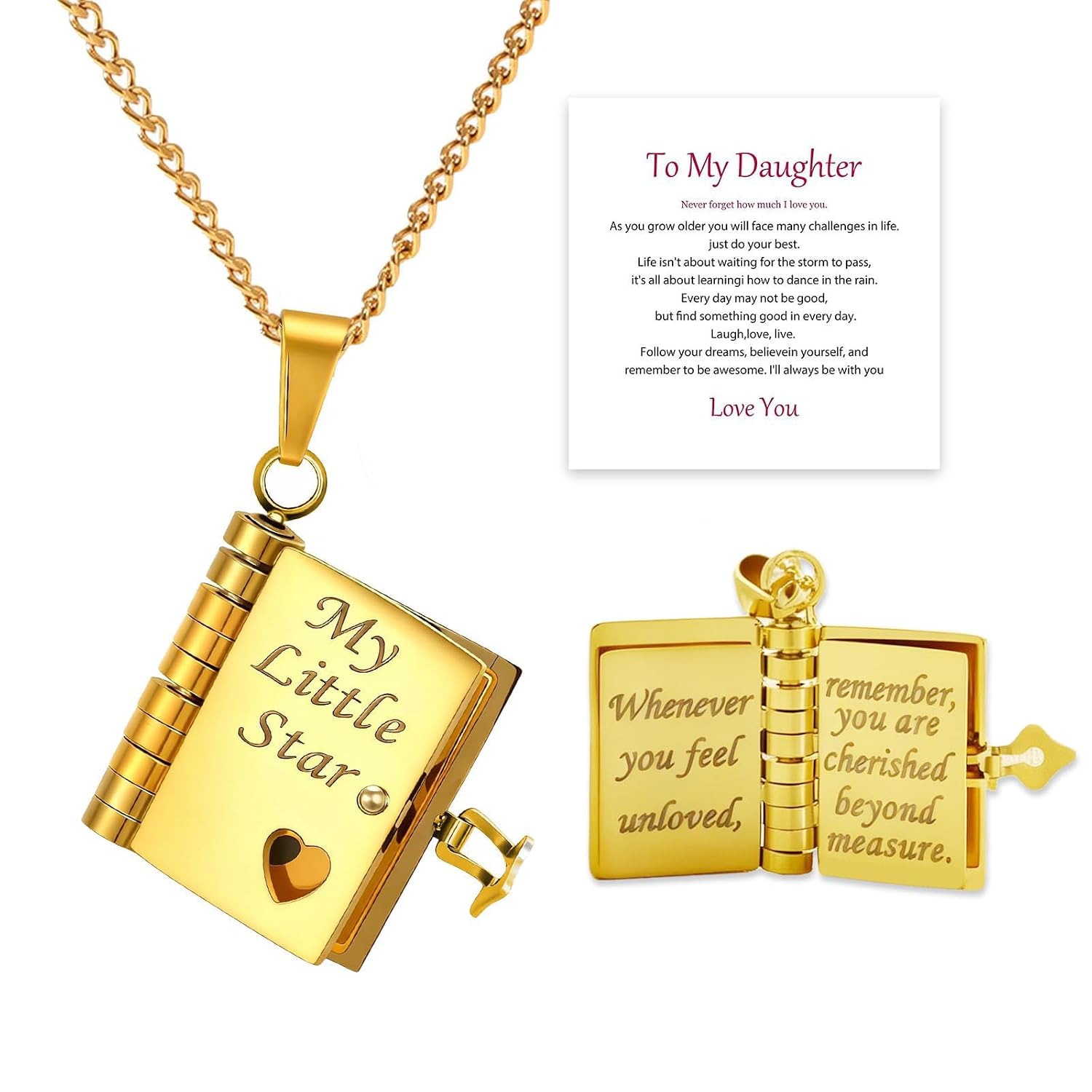 Book Necklace for My Daughter Gifts from Mom Dad My Little Star Book Necklace with 6 Pages Engraved Information a Letter D... - Review, Price and Buying Guide