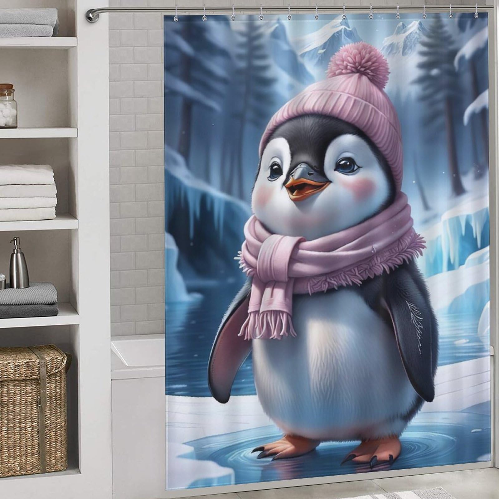 Rideau de douche pingouin en polyester imperméable 168x183cm avec crochets pour baignoire