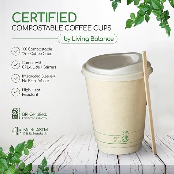 Living Balance Certified Compostable Coffee Cups with Lids 12 oz 100 Pack with Stirrers & Integrated Sleeves|Sturdy Double-Wall, Leak Proof, BPA-Free & CPLA Certified|To-Go cup for Hot & Cold Drinks