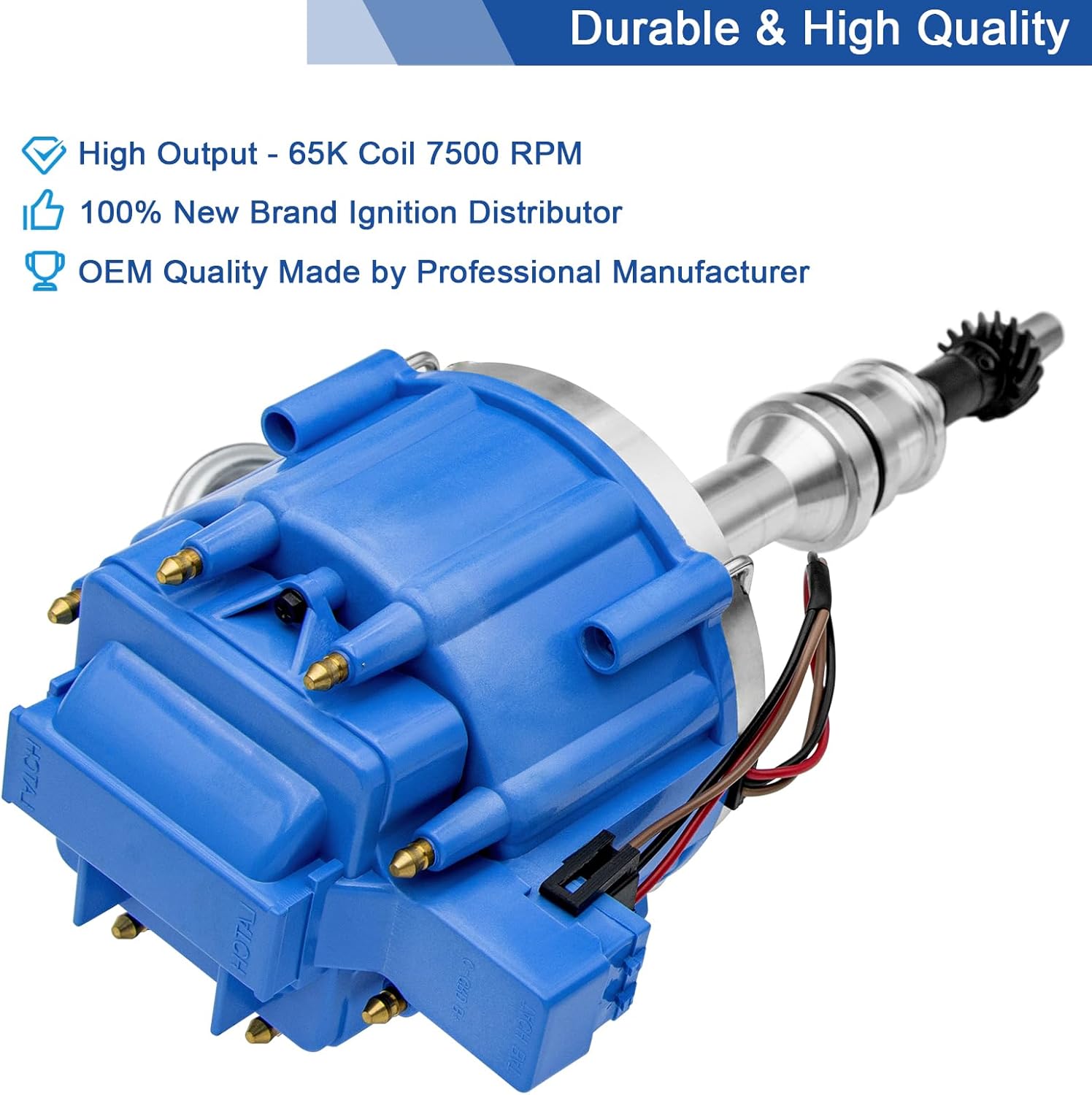 HEI Ignition Distributor with 65K Coil 7500 RPM Compatible with Small Block Ford SBF 5.8 L 351W Windsor 8 Cylinder One Wire Installation, Blue Cap