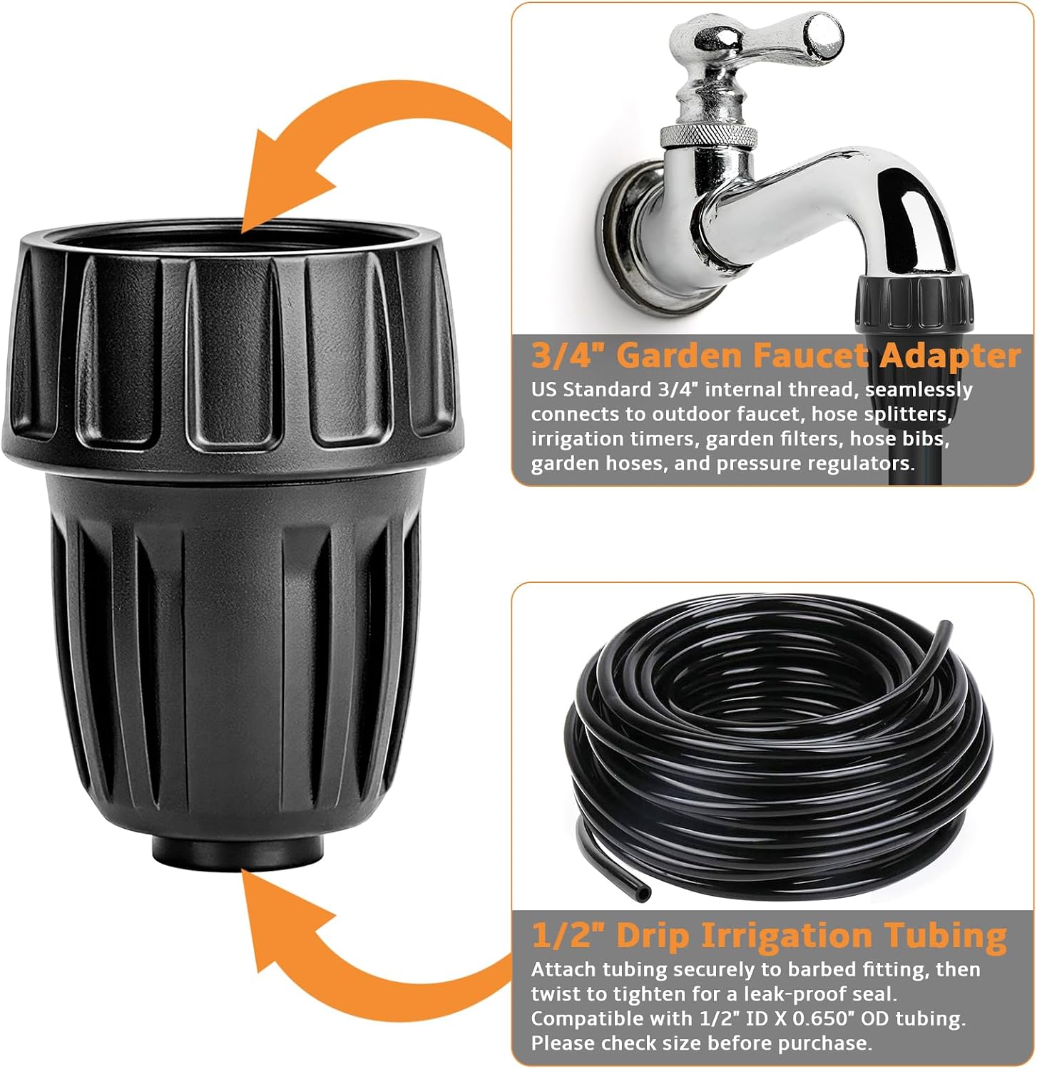 1/2 to 3/4 Hose Adapter Drip Irrigation Parts, Female to Female Garden Hose to Drip Irrigation Faucet Adapter,1/2” Barbed Drip Tubing x 3/4” Faucet PVC Adapter Connect 3/4" FHT Faucet Hose Bibb,4Pack image 2