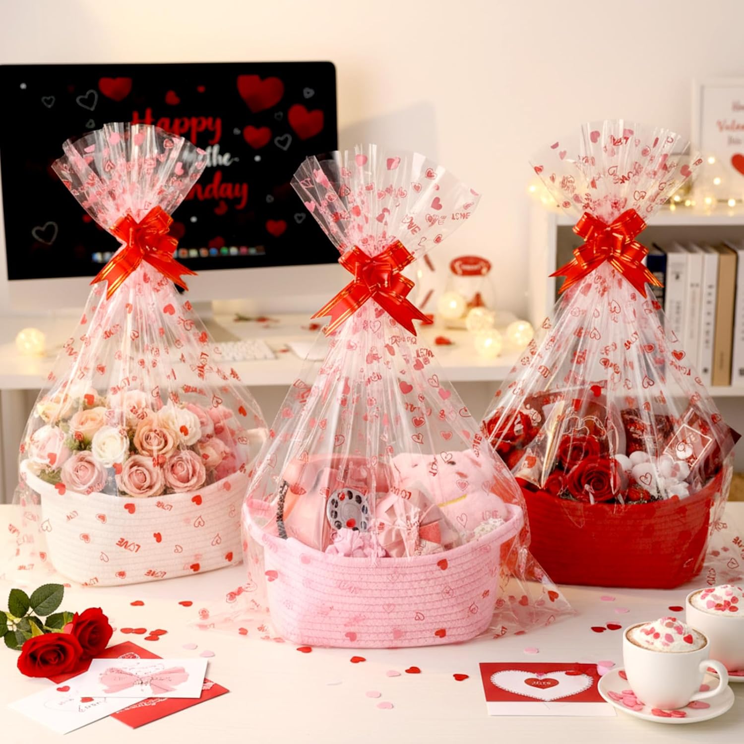 Teenyyou 3 Sets Valentine's Day Baskets for Gifts Empty with Cellophane Gift Bag Bow 11 x 7 x 4 Inch Galentines Day Heart Woven Rope Baskets to Fill Storage Box for Gift Wrapping Valentine Party Decor