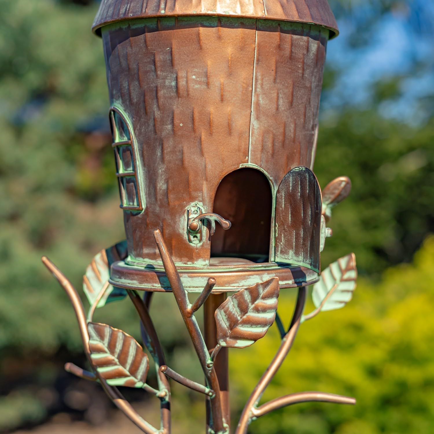 Large Copper Color Metal Birdhouse on Multi-Pronged Garden Stake (Budapest in Copper Color)