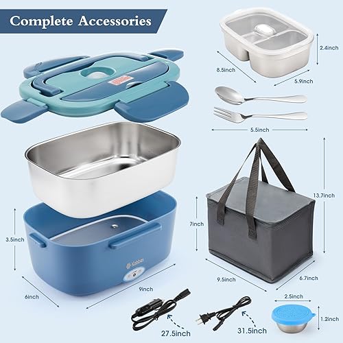 Miniatura 8 de Fiambrera eléctrica calentador de alimentos con contenedores dobles de 1.5 L, lonchera térmica portátil a prueba de fugas de 80 W para adultos,