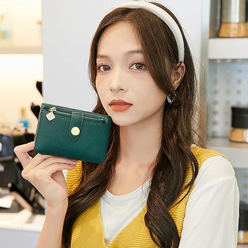 Miniatura 7 de Carteras para mujer, billetera pequeña Rfid para mujer, billetera de cuero plegable para mujer, tarjetero plegable con cremallera extraíble (verde)