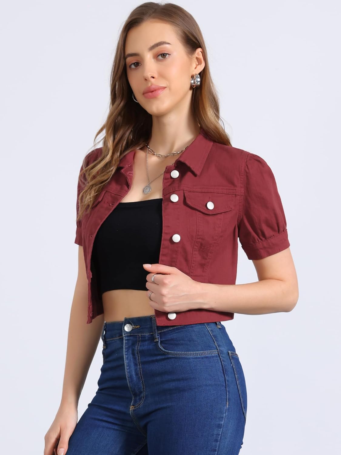 Allegra K Women's Casual Denim Jackets Button-Down Puff Sleeve Jean Crop Jacket - Image 2