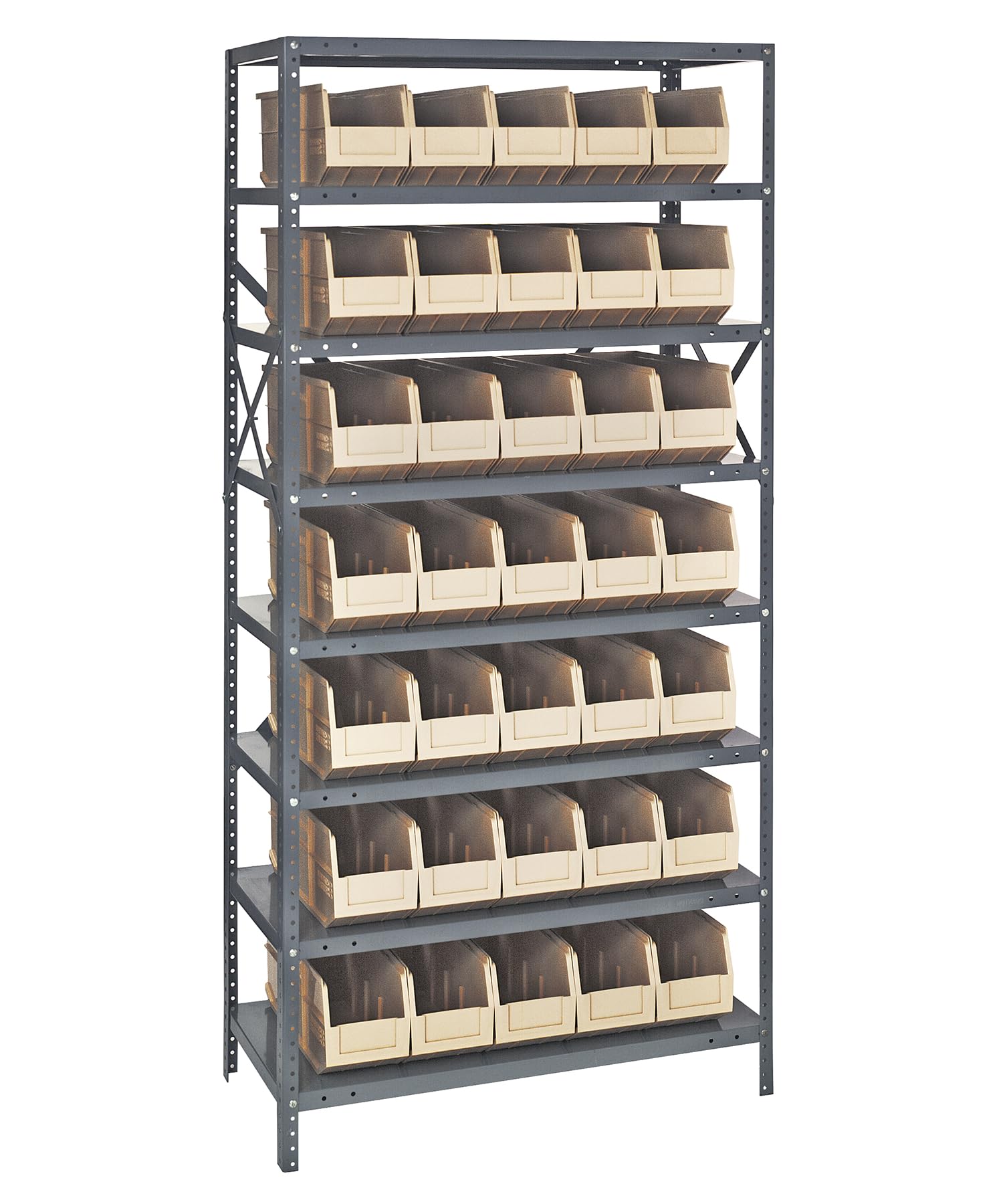 Quantum 1875-461IV Heavy Duty Shelving Unit with (8) Shelves and (35) SSB461 Ivory Bins for Industrial Warehouse Storage Distribution | 400 lbs Capacity | 18"D x 36"L x 75"H, Galvanized Carbon Steel