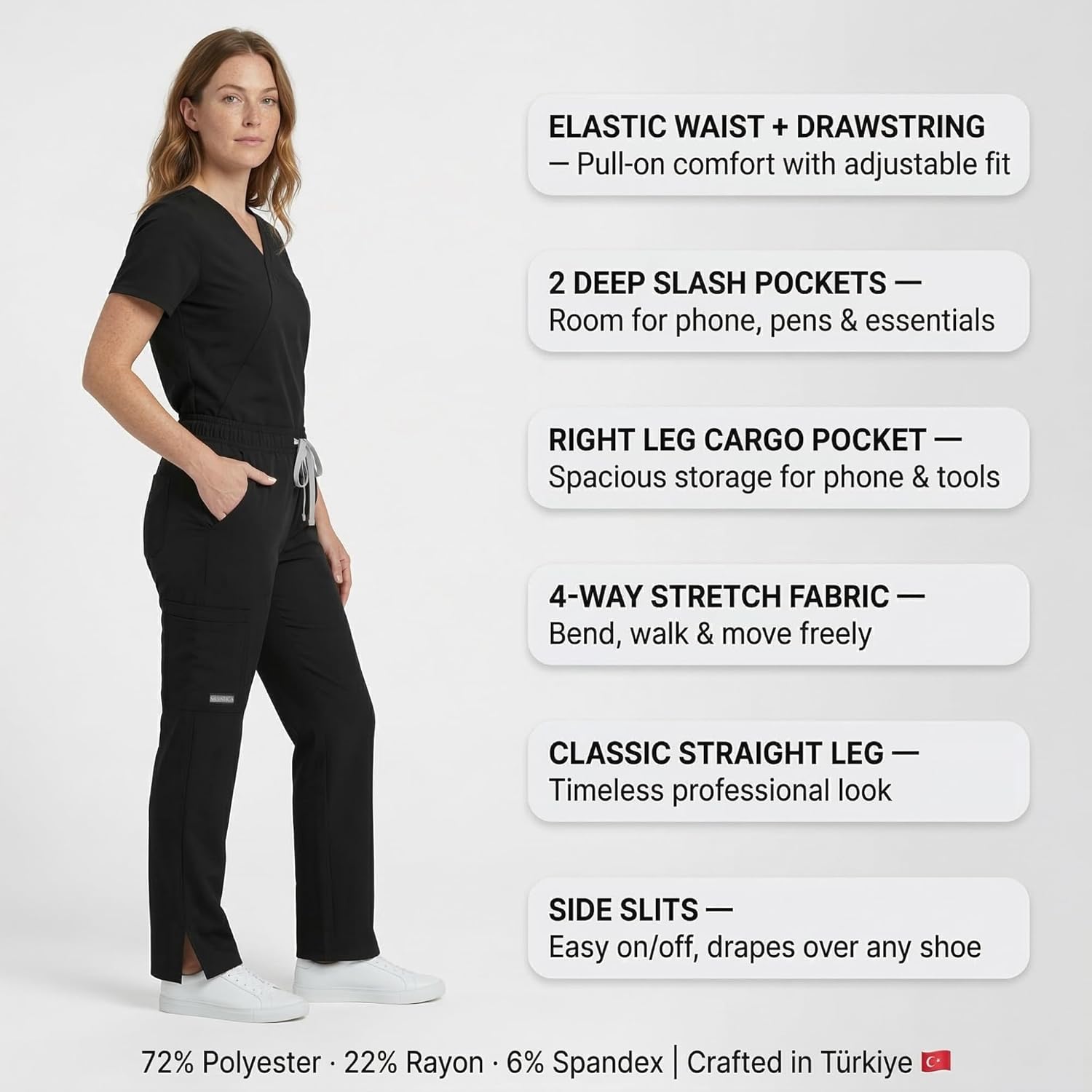 Silvatica Women's Straight Leg Scrub Pants | Cargo, 5 Pockets, Drawstring | 4-Way Stretch Turkish Fabric Medical Uniform