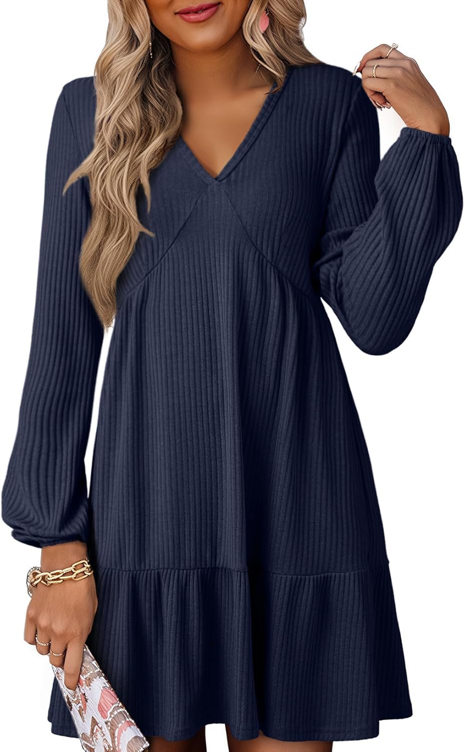 Dokotoo Spring Dresses for Women 2026 Long Sleeve V Neck Lightweight Ribbed Knit Empire Waist Casual A Line Swing Mini Dress