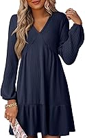 Dokotoo Women's Spring 2026 Long Sleeve V-Neck Ribbed Knit Mini Dress - Empire Waist A-Line Swing Casual Dress