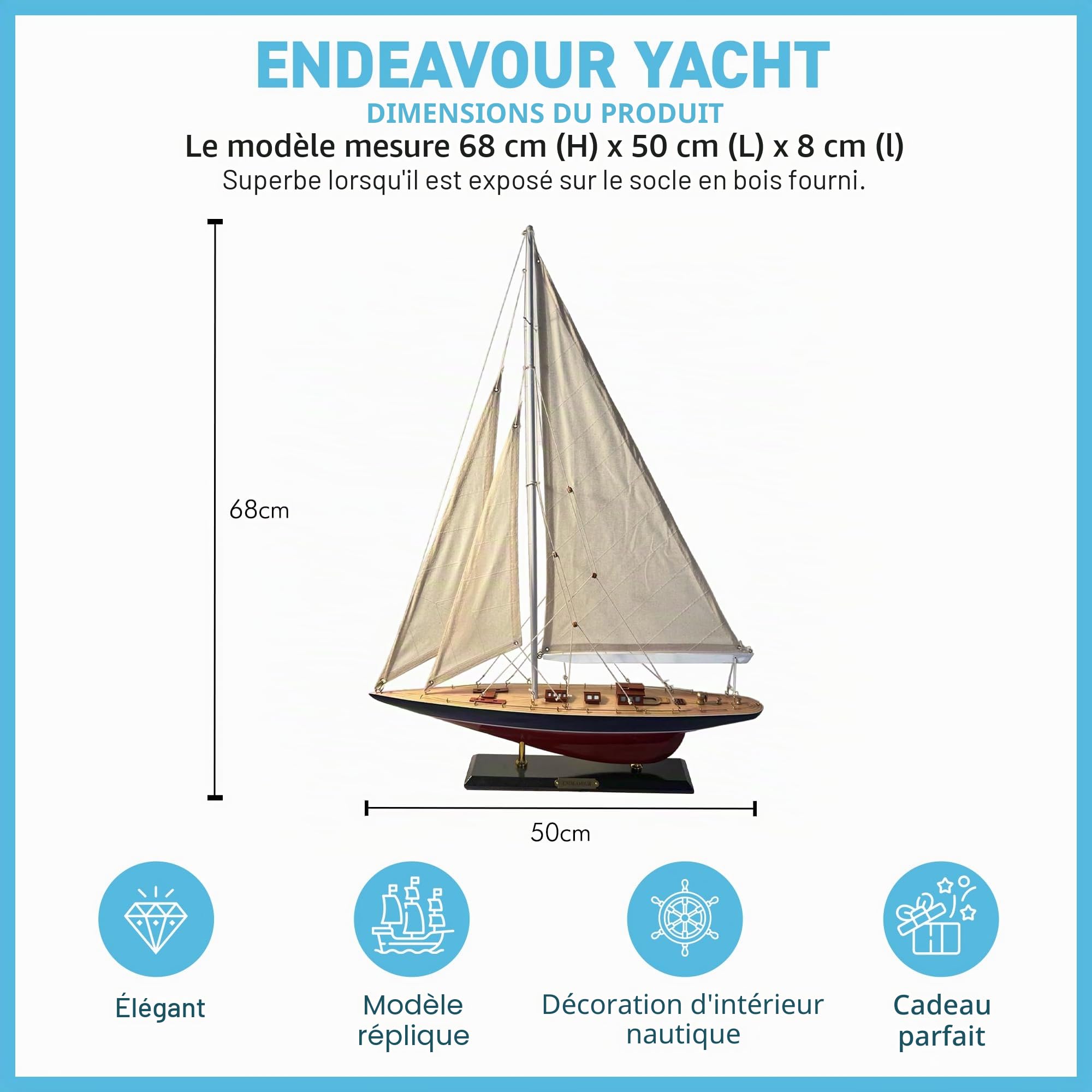 Modèle en bois détaillé de yacht à voile Endeavour Classe J de 50 cm de long | Yacht de course Americas Cup | Ornement nautique | Modèle de voilier | Modèle de yacht à voile Endeavour | Kit de bateau