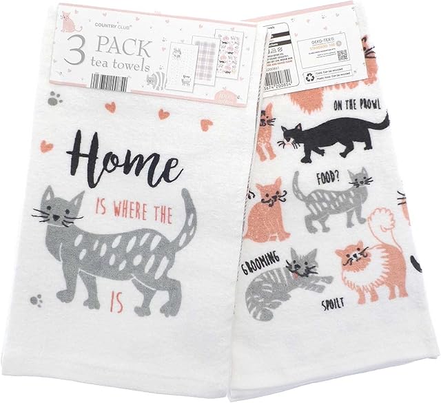 COUNTRY CLUB Pack of 3 Cats Design Tea Towels - Gift idea for a cat lover - 100% Cotton - Great value triple pack