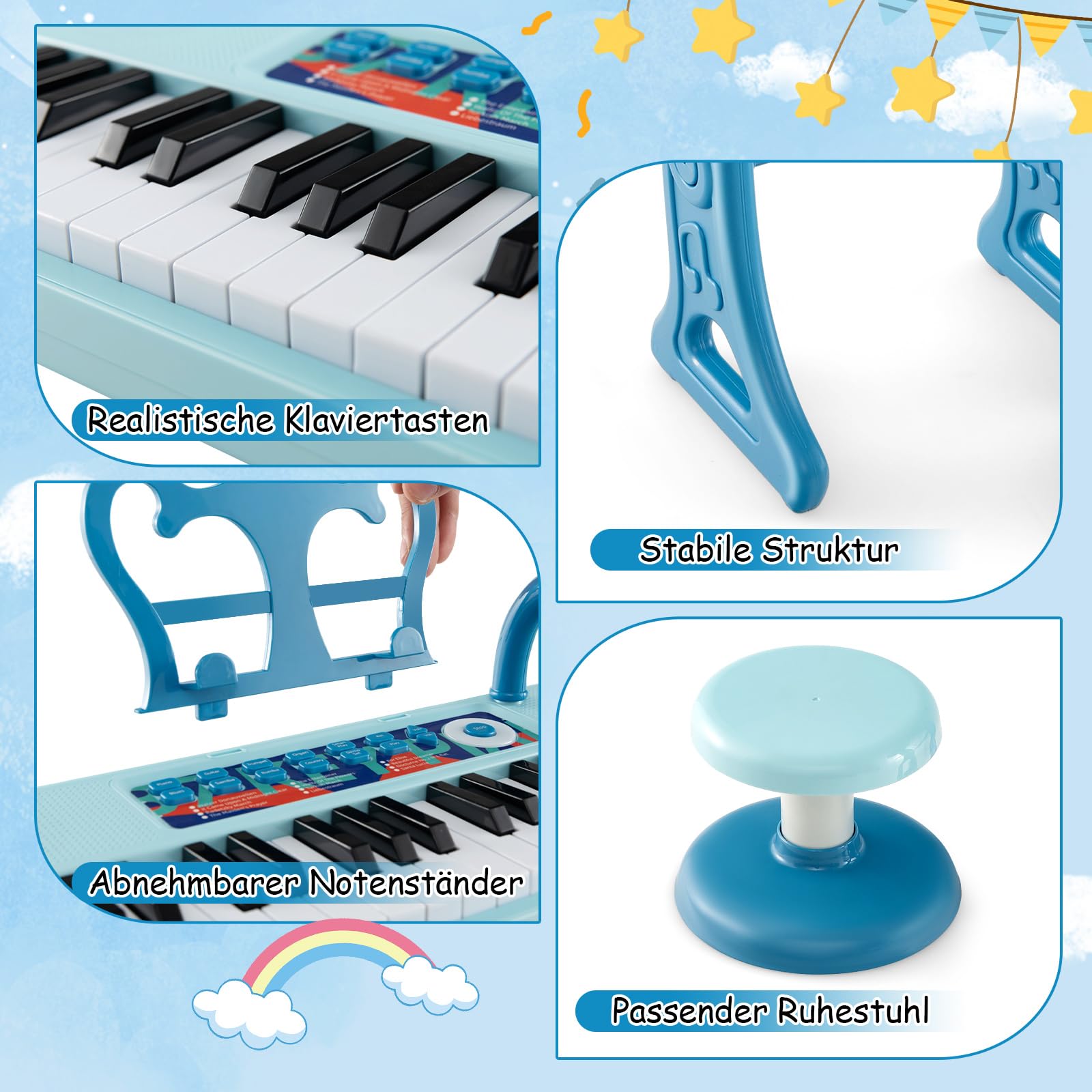 COSTWAY 37 Tasten Kinder Keyboard, Kinderklavier elektronisch mit Hocker, Mikrofon & Notenständer, Kinderpiano mit Abnehmbarer Beinen, Klaviertastatur für Kinder ab 3 Jahren (Blau)