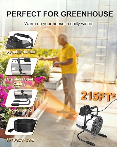 Miniatura 3 de Calentador eléctrico de invernadero con termostato, calentador de ventilador de acero inoxidable de 1500 W, calentamiento rápido, protección contra