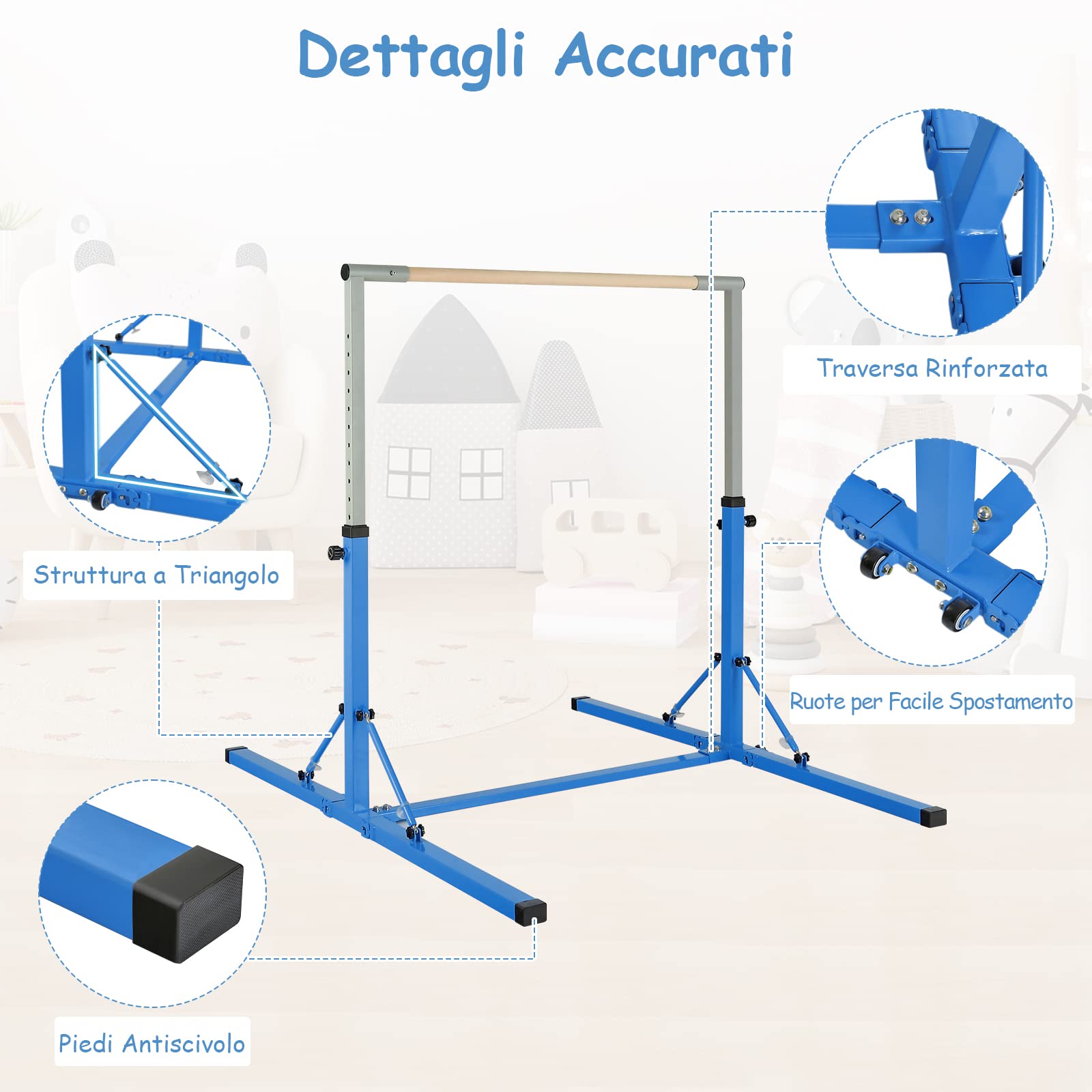 COSTWAY Barra per Ginnastica e Danza per Bambini Pieghevole Portatile, Sbarra Parallela in Metallo e Legno con 13 Altezze Regolabili, Portata 100 kg