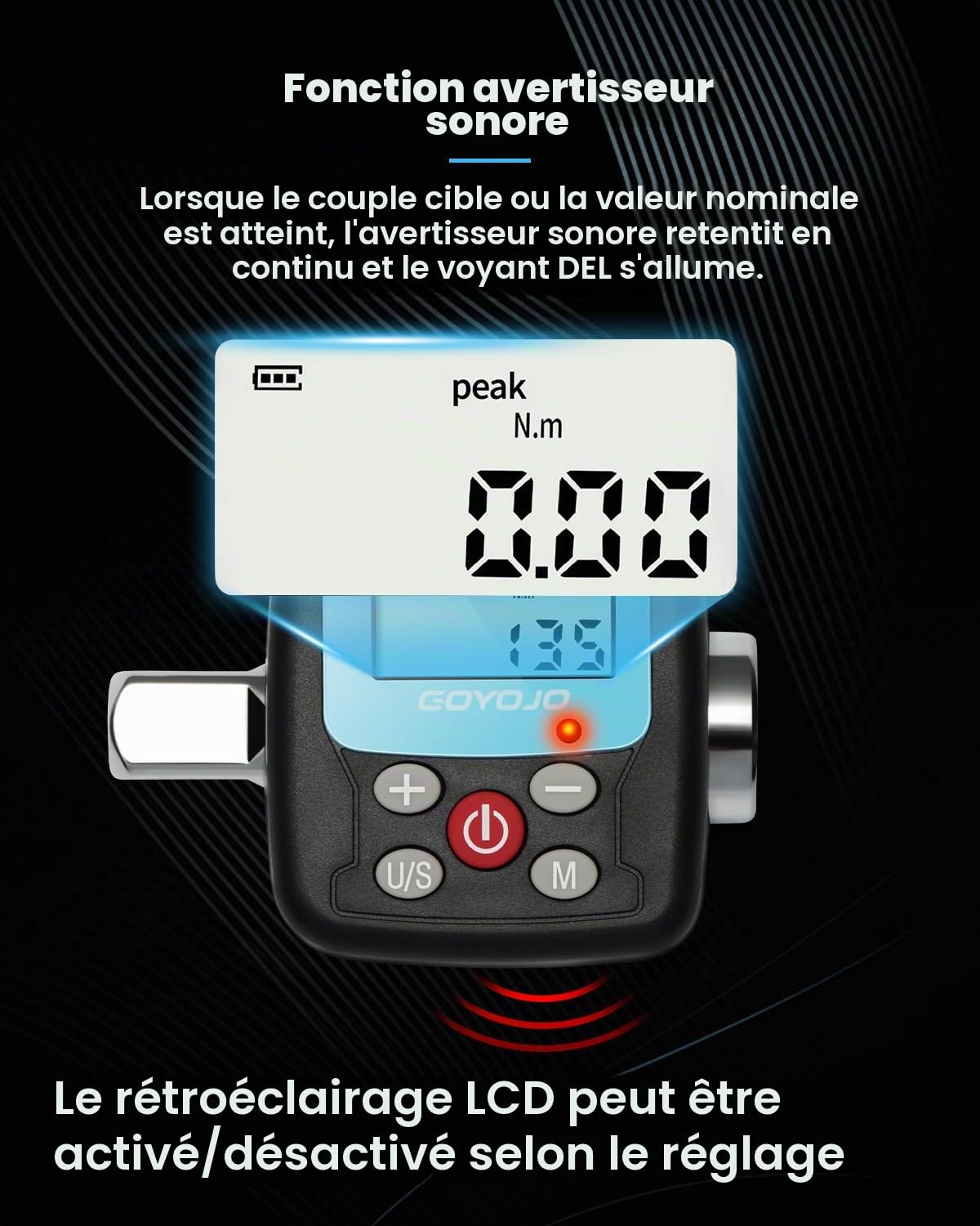 GOYOJO Clé Dynamométrique Numériques 1/2" 1/4" 3/8" Adaptateurs Haute Précision 4 Unités de Couple Écran Rétroéclairé Parfait pour Automobile Vélo Moto Bricolage et Réparation à Domicile (200 N.m)