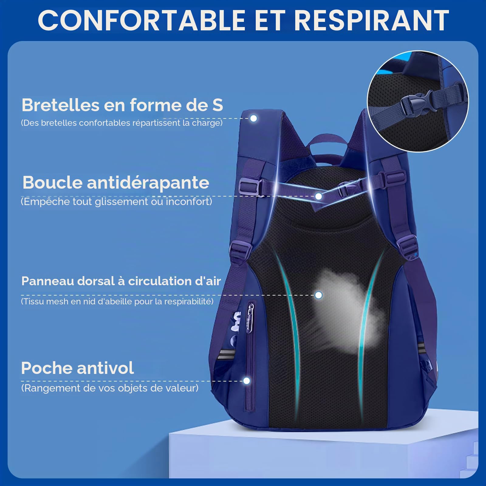 Amythe Cartable Garcon Primaire Renforcé, Sac d Ecole Garçon Ergonomique CP CE1 CE2 CM1 CM2, Sac à Dos Enfant à la Mode pour l'école Primaire, Bleu Marine