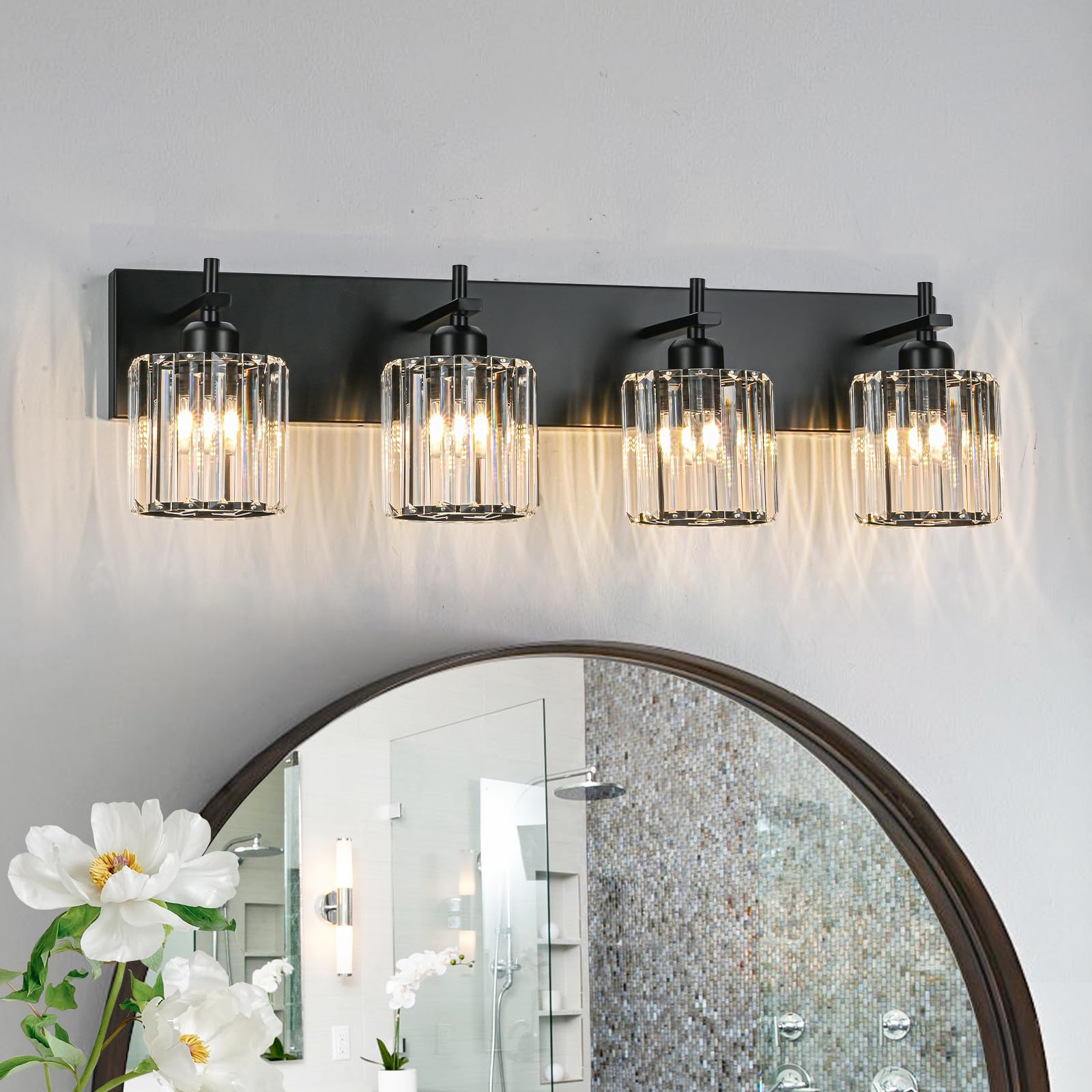 Photo 1 of HUOKU Black Crystal Bathroom Vanity Lights, Modern 4-Lights Bathroom Lighting Fixtures Over Mirror, Crystal Wall Lighting with Round Shade