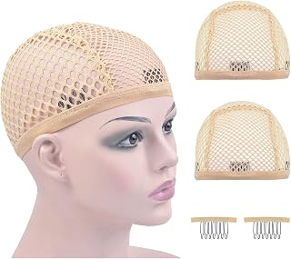 YTBYT Mesh Wig Caps Crochet Wig Caps with Combs for Making Wigs (Beige 2 pcs)