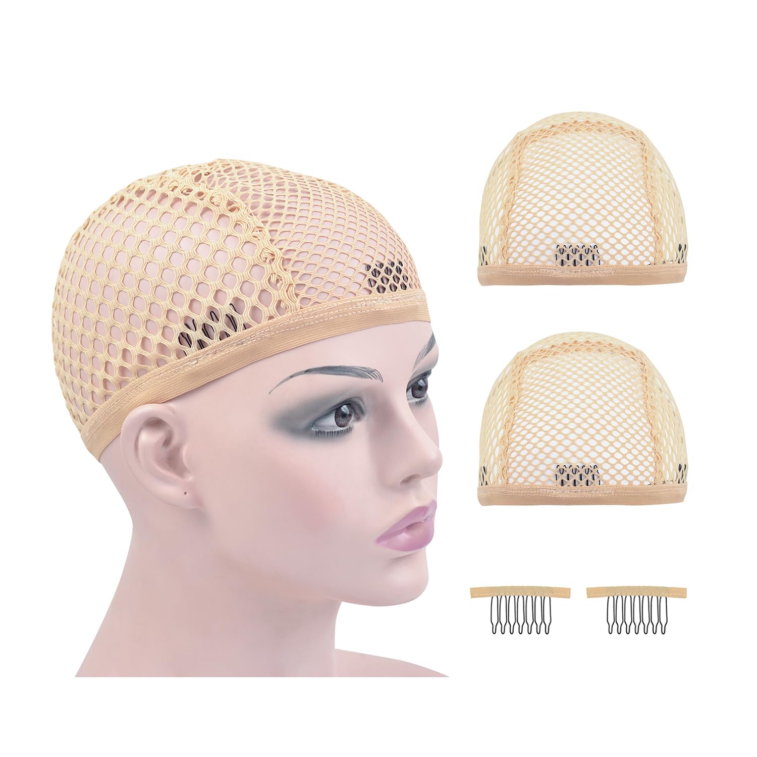 Mesh Wig Caps Crochet Wig Caps with Combs for Making Wigs ( Beige 2 pcs )