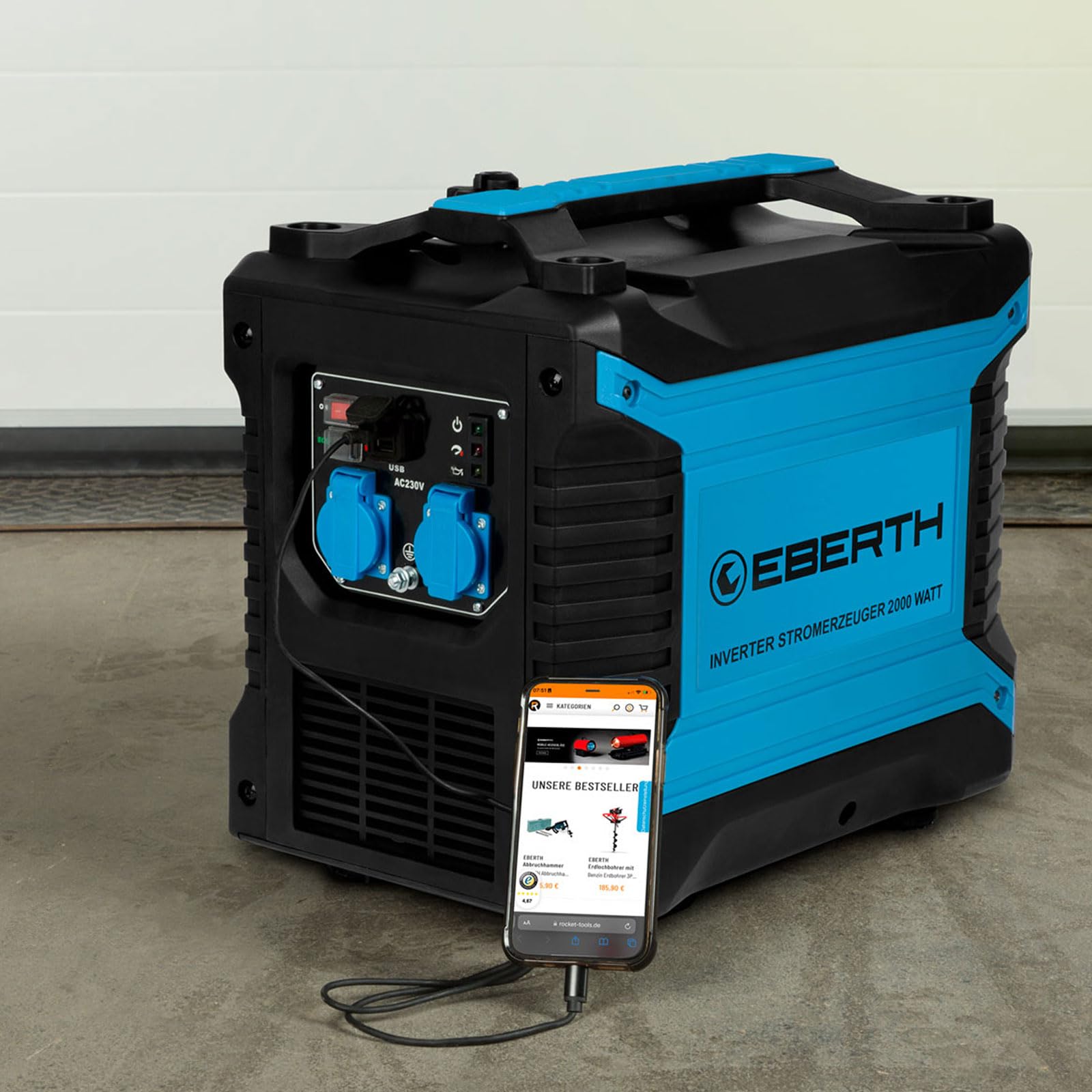 EBERTH Inwerterowy Generator prądu o mocy 2000 W, Generator awaryjny, Silnik benzynowy 2 KM, 4-suwowy, 2x 230 V i 2x USB, technologia inwerterowa zapewniająca zasilanie bez skoków napięcia